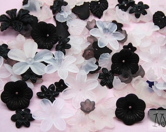 120pcs black & white flower leaf lucite beads mix lot jewellery retro classic craft accessory floral diy materials plastic fake handcraft