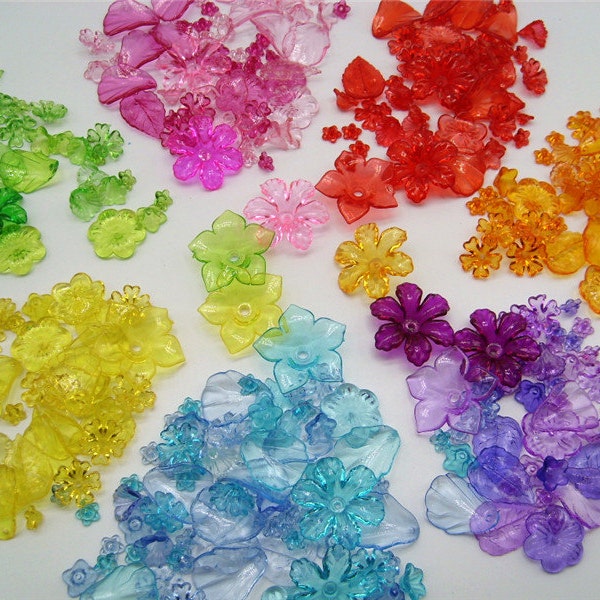 lucite flower 120pcs mix flower leaf beads crystal clear colorful jewellery craft accessory floral diy transparent plastic fake handcraft