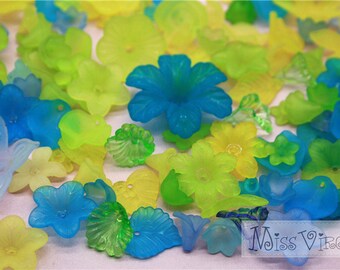 mix 120pcs blue yellow green flower leaf lucite beads jewellery craft accessory floral diy materials plastic fake handcraft