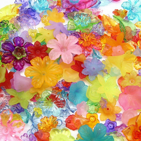 value pack! 120pcs lucite flower random mix flower leaf beads crystal frosted colorful jewellery craft accessory floral diy plastic