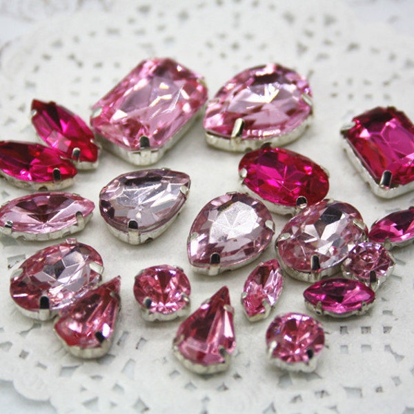 mélange lot rose coudre sur strass 16pcs perle fuchsia bijoux larme marquise ovale rectangle scrapbook couture dos plat facette gemme scintillante