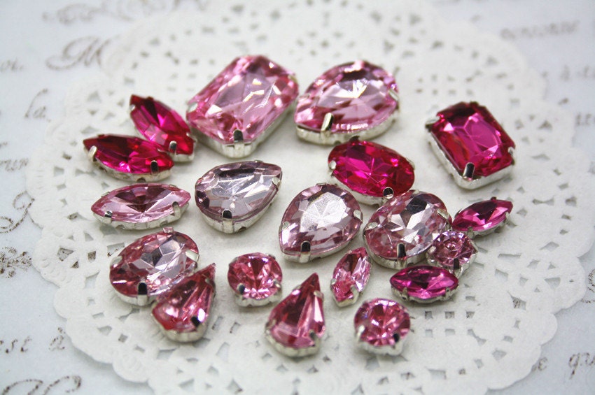 Bright Pink Rectangle Sew-on Rhinestones, Pink Sew on Jewels Sew on Glass  Rhinestone Metal Back Setting 
