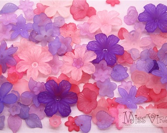 120pcs pink purple flower lucite beads jewellery making craft accessory, diy materials, mix lot acrylic fake flower sew on plastic