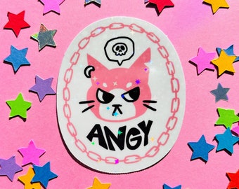 Angry Emo Cat Sticker | Holographic Cat Sticker, Waterproof, Cute Cat Sticker, Vinyl Sticker, Cute Animal Sticker, Punk Cat Sticker, Angy