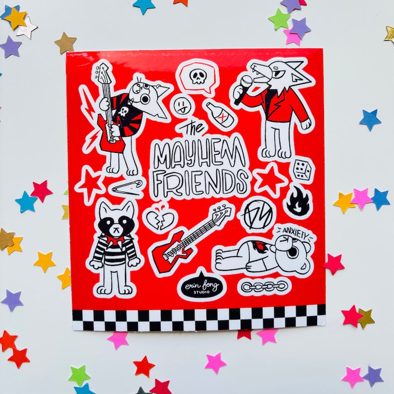 May include: A red sticker sheet with black and white illustrations of cartoon animals. The sheet features a wolf, a cat, a raccoon, and a bear. The text "The Mayhem Friends" is printed in black on the sheet.
