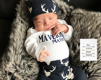 Baby Boy Gift,Baby Boy Clothes,Baby Boy Coming Home Outfit,Personalized Baby Onesie,Baby Shower Gift,Boy,Newborn,Leggings,Hat,Beenie,Deer