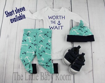 Baby Boy Coming Home Outfit,Personalized Onesie,Worth The Wait,Leggings and Hat,Baby Boy Gift,Daddys Fishing,Hospital,Clothes,Anchor,Navy