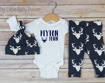 Boys Personalized Name Customized Onesie,Boy Coming Home Outfit Set,Baby Boy Gift,Baby Hat,Hospital,Hunting,Bucks,Newborn,Leggings,Deer,Go