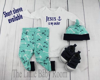 Baby Boy Coming Home Outfit,Baby Boy Gifts,Baby Faith Clothes,Personalized Onesie,Jesus is My Anchor,Baby Leggings and Hat,Hospital,Anchor