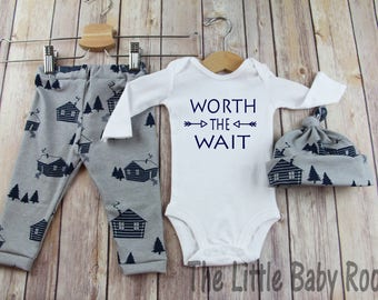 Baby Boy Coming Home Outfit,Worth The Wait,Personalized Onesie,Hospital Set,Going Go Home,Baby Shower Boy Gift,Hat Leggings,Newborn Clothes