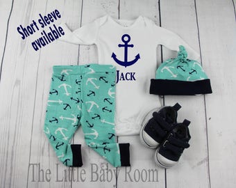 Baby Boy Coming Home Outfit,Personalized Onesie,Baby Leggings,Baby Hat,Boys Leggings Hat,Hospital,Anchor,Sailing,Boat,Fishing,Baby Gift,Home
