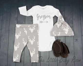 Baby Boy Coming Home Outfit,Baby Boy Hunting Clothes,Baby Boy Gift,Preemie Baby,Personalized Baby Gift,Boy Onesie,Leggings Hat,Deer,Gray