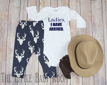 Ladies I Have Arrived,Personalized Customized Onesie,Boy Coming Home Outfit Set,Baby Boy Gift,Baby Hat,Hospital,Hunting,Newborn,Legging,Deer