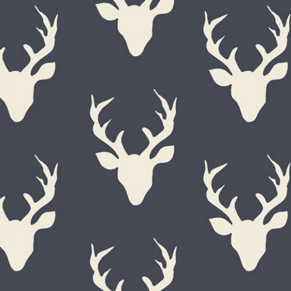 Art Gallery KNIT Buck Forest Twilight (Navy) Jersey Deer Fabric Hello Bear Blue Fabric by the yard