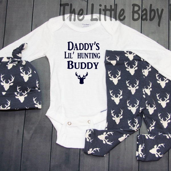 Baby Boy Gift,Baby Boy Coming Home Outfit,Daddys' Hunting Buddy,Clothes,Deer,Personalized Baby Onesie,Baby Shower,Newborn,Leggings,Hat,Navy