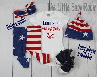 Babies 1st 4th of July,Red,White,Blue,My First 1st Fourth 4th of July,Unisex Set,Baby Boy,Girl,Clothes,Personalized Onesie,Patriotic Baby,Go