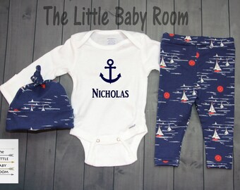 Baby Boy Coming Home Outfit,Baby Boy Gift,Baby Boy Clothes,Personalized Onesie,Sail Boat,Fishing,Boy Leggings and Hat,Boys Hospital Set,Navy