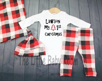 Boys Christmas,My 1st Xmas,Winter,Clothes,Baby Boy Coming Home Outfit,Blanket,Red Plaid,Personalize Onesie,Newborn Leggings,Hat,Baby Gift