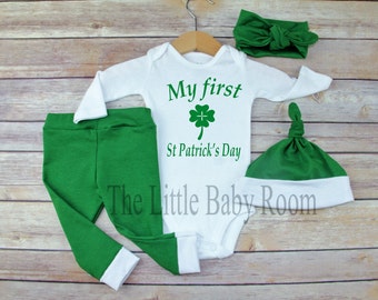My First St. Patrick's Day Baby Outfit,St Patty's,Girl,Boy,Personalized Onesie,Bodysuit,Leggings,Headband,Hat,Green,Clover,Lucky Charm,Gift