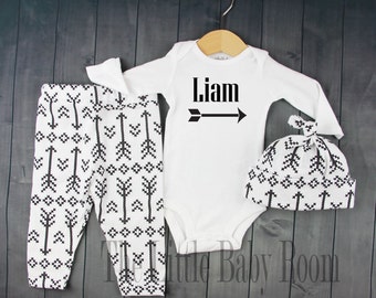 Boys Girls Coming Home Outfit Set,Black & White,Arrow,Leggings,Baby Boys Hat,Customized Onesie,Boys Leggings,Baby Gift,Boys,Newborn,Arrows