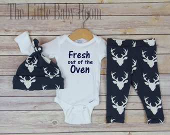 Boys Personalized Onesie,Boy Coming Home Outfit,Fresh out of the Oven,Baby Hospital Outfit,Boys Leggings,Buck,Deer Leggings,Navy,Boys Hat