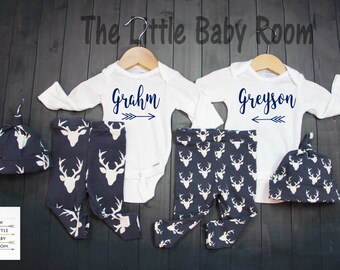 Twins Boys,Twins Coming Home Outfit,Twin Gifts for Boys,Preemie Twin Clothes,Personalized Twin Onesies,Leggings hat,Baby Shower,Monogrammed