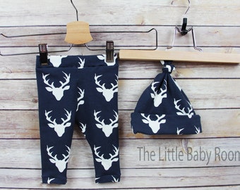 Boys Coming Home Set,Boys Leggings,Leggings and Hat,Buck,Deer,Navy Deer,Baby Boy Set,Baby Boy gift,Boys Hat,Antler,Baby,Toddler,Newborn 0-3