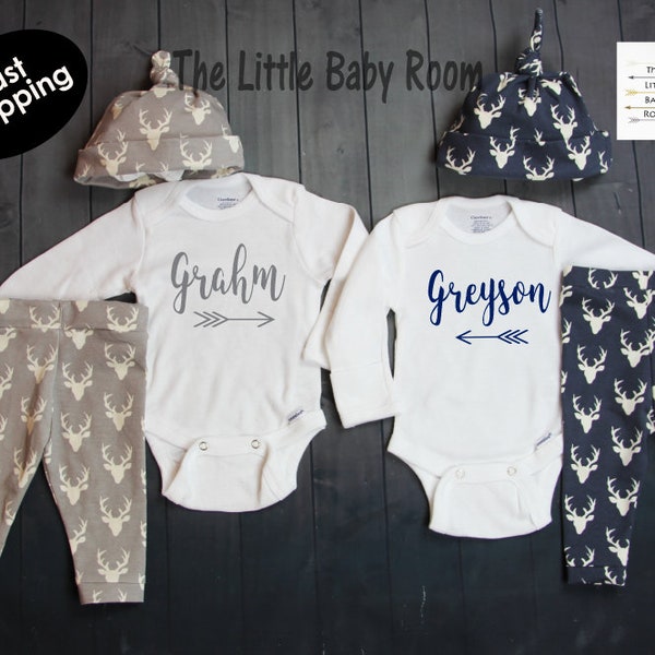 Twin Boys Coming Home Outfits,Twin Gifts for Boys,Preemie Clothes,Personalized Twin Onesies,Leggings hat,Baby Shower,Deer,Gray,Blue,Navy