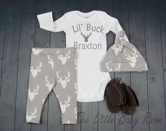 Boys Coming Home Set,Personalized Onesie,Baby Leggings,Lil Buck,Boys Deer,Gray,Daddys Hunting,Monogrammed,Baby,Onesie,Buck,Hat,Boy Baby Gift