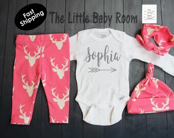 Baby Girl Coming Home Outfit,Baby Girl Gift,Personalized Onesie,Baby Girl Clothes,Baby Leggings and Headband,Going Home Set,Deer,Pink,Hat