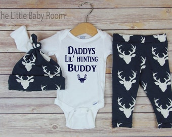 Personalized Onesie,Baby Leggings and Headband,Daddys Hunting Buddy,Boys Deer,Personalized,Boys Coming Home Set,Baby,Onesie,Navy,Buck,Hat