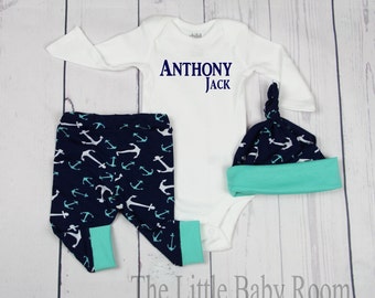 Boys Coming Home Outfit,Personalized Onesie,Baby Leggings,Onesies,Boys Leggings and Hat,Boys Coming Home,Hospital,Anchor,Baby Boy set,Onesie