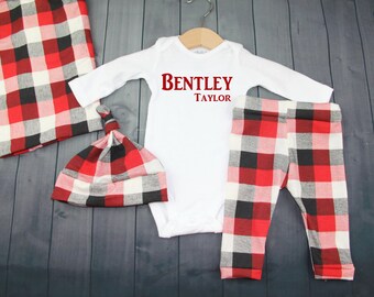 Boys Christmas,Personalize Onesie,Leggings Hat,Girl,Winter,Clothes,Name Shirt,Baby Coming Go Home Outfit,Blanket,Red Plaid,Baby Gift