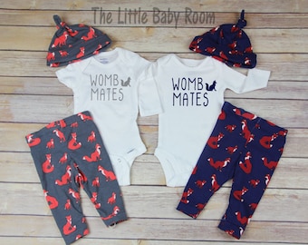Twins Coming Home Outfit,Preemie Twins,Brother,Womb Mates,Clothes,Fox,Baby Shower Gift,Personalized Onesies,Matching,Boy Set,Twin Pants,Hat