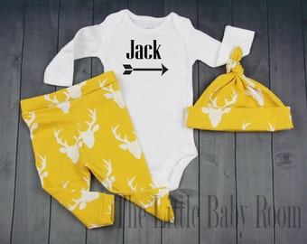 Personalized Boys Onesie,Boy Coming Home Outfit Set,Baby Boy Gift,Hat,Customized,Hospital,Hunting,Bucks,Newborn,Leggings,Deer,Yellow,Mustard