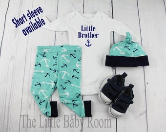 Baby Boy Coming Home Outfit,Baby Boy Clothes,Personalized Onesie,Little Brother,Baby Boys Leggings and Hat,Hospital,Anchor,Fishing,Boy Gift
