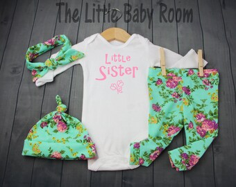 Baby Girls Coming Home Set,Little Sister,Girl Gift,Spring,Personalized Onesie,Legging and headband,Go Hospital,Newborn Girls Leggings,Floral