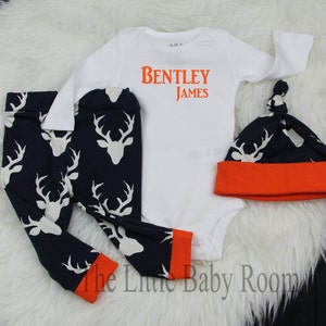 Boys Personalized Onesie,Navy,Blue,Orange,Boys Coming Home Set,FootBall,Game,Gators Baby,Outfits,Leggings,Gift,Baby Hat,Newborn,Deer,Navy,Go image 1