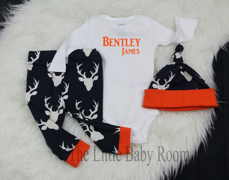 Boys Personalized Onesie,Navy,Blue,Orange,Boys Coming Home Set,FootBall,Game,Gators Baby,Outfits,Leggings,Gift,Baby Hat,Newborn,Deer,Navy,Go image 1