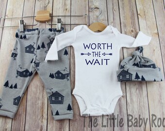 Baby Boy Coming Go Home Outfit,Boys Personalized Onesie,Worth The Wait,Baby Shower,Boy Gift,Baby Hat Leggings,Hospital Set,Navy,Gray,Newborn