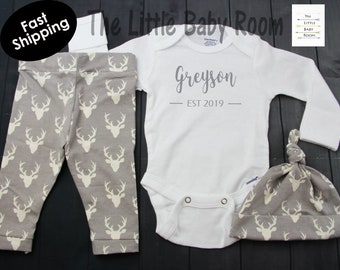 Baby Boy Coming Home Outfit,Baby Boy Clothes,Baby Boy Gift,Boy Hospital Set,Newborn Leggings hat,Buck,Deer,Hunting,Personalized Onesie,gray