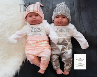 Boy Girl Twin Outfits,Twin Coming Home Outfits,Brother Sister,Personalized Twin Onesie,Gray Pink,Set,Twin Baby Gifts,Going Hospital,Preemie