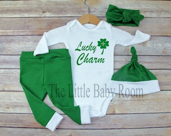 Lucky Charm,My First St. Patrick's Day Baby Outfit,St.Patty's,Unisex,Boy,Girl,Personalized Onesie,Baby Leggings,Headband,Green,Clover,Gift