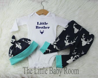 Baby Boy Coming Home Outfit,Personalized Onesie,Little Brother,Newborn Hospital Set,Leggings Hat,Baby Boy Gift,Buck,Newborn,Deer,Navy,Go