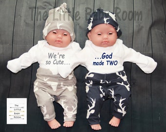 Twin Boy Gifts,Twin Boys Outfits,Twin Boys Coming Home Outfits,Preemie Twins,Personalized Onesies,Deer,Matching,Boy Set,Twin Pants,Hat,Gift