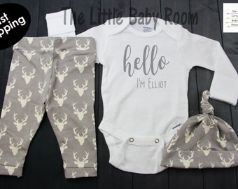 Baby Boy Coming Home Outfit,Baby Boy Clothes,Baby Boy Gift,Boy Hospital Set,Newborn Leggings hat,Buck,Deer,Hunting,Personalized Onesie,gray