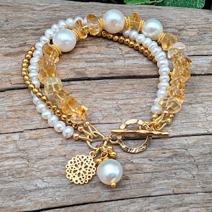 Citrine Multi Strand Bracelet: Gold Filled/ Bronze/Pearl/ Hematite, Statement Gift For Women