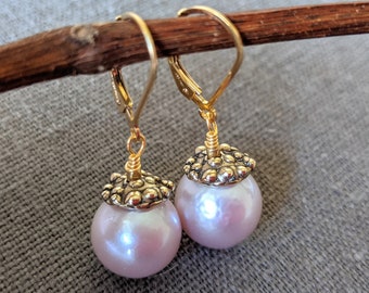 Edison Pearl Earrings: Pink Pearl, Gold Bronze, Sterling Silver