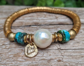 Edison Pearl Bracelet, Turquoise Bracelet, Heart Charm Bracelet, Statement Bracelet, Artisan Bracelet, Stretch Bracelet, Boho Bracelet