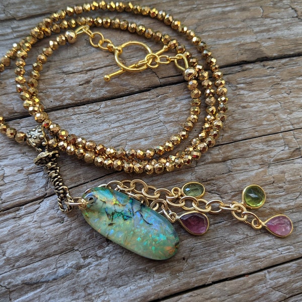Monarch Opal Necklace,  24 kt Gold Filled Hematite Sparkle Necklace, Multi Stone Necklace, Statement Necklace, Blue-Green-Gold Opal Pendant